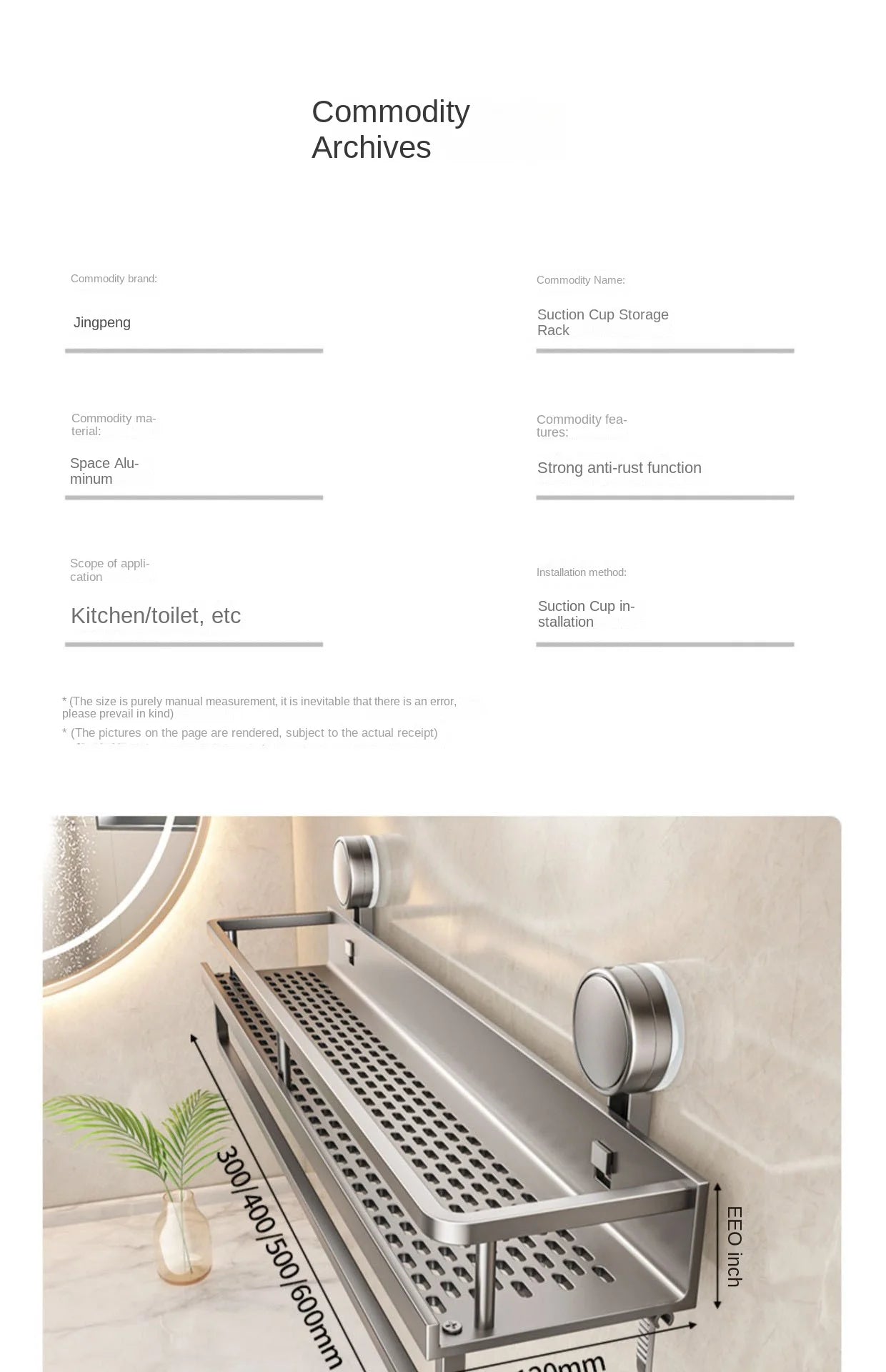 Bewegliches Badezimmerregal ohne Bohren – 30/40/50 cm Saugnapf-Organizer mit Haken/Stange, einfach zu installieren und zu reinigen, wasserdichtes Toilettenregal