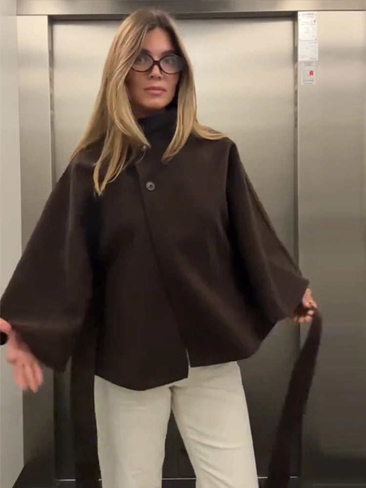 Damenmantel, kurze Cape-Mäntel für Damen, Gürtel, Mäntel aus Kunstwolle und Mischungen, Herbst-Winter, feste Mäntel, elegante Umhangjacke für Damen.