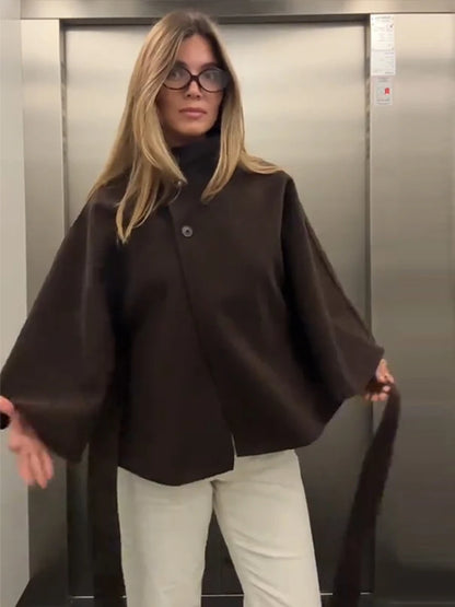 Damenmantel, kurze Cape-Mäntel für Damen, Gürtel, Mäntel aus Kunstwolle und Mischungen, Herbst-Winter, feste Mäntel, elegante Umhangjacke für Damen.