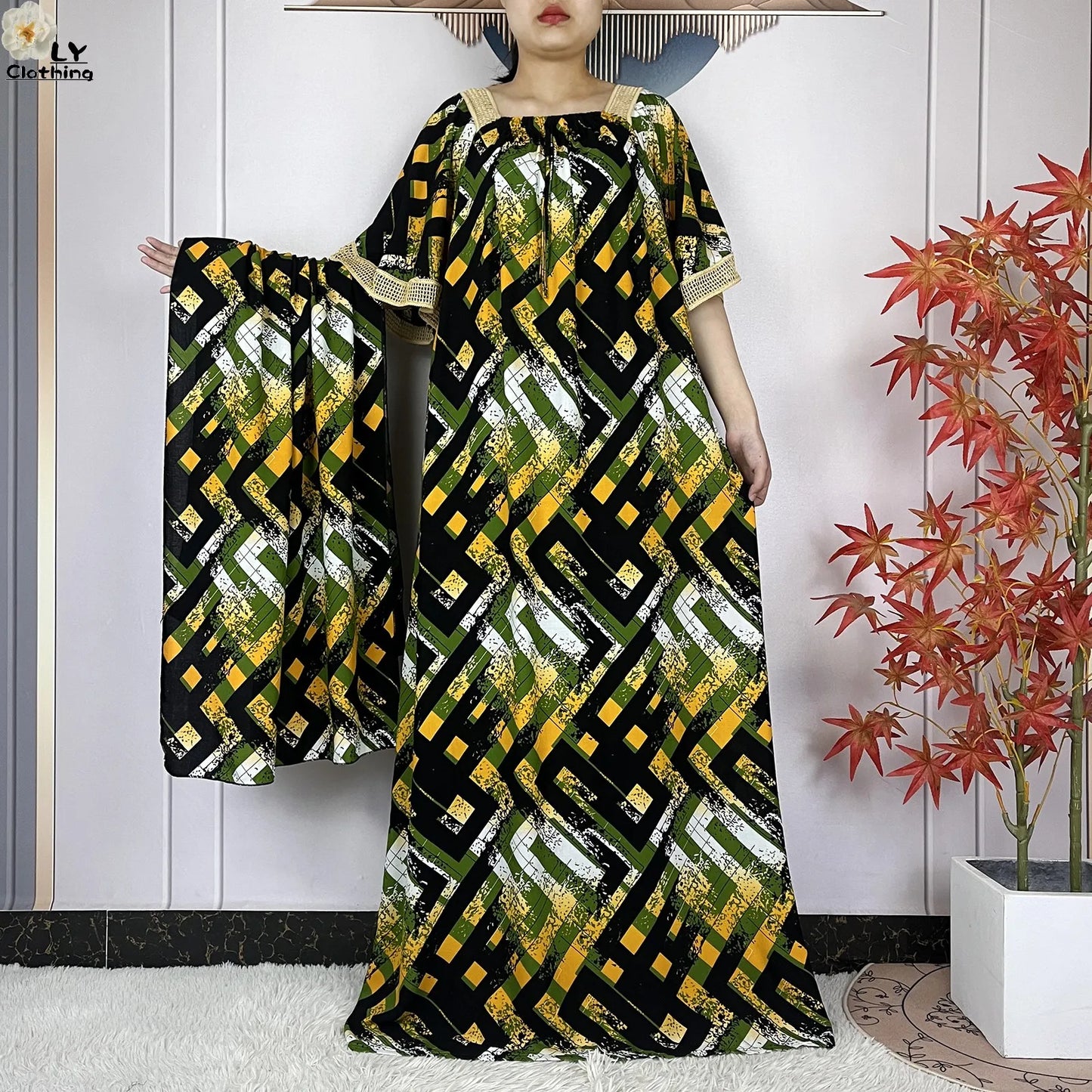New Muslim Dress Woman Short Sleeve Dashiki African Abaya Tie-dyed Printing Cotton Loose Femme Robe Islamic Dresses With Scarf