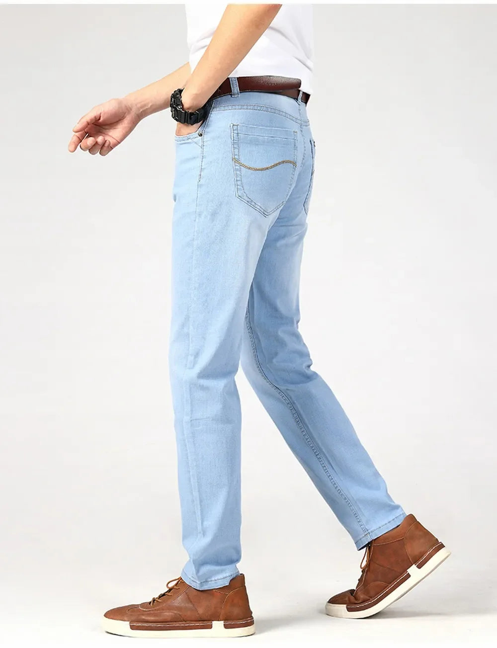 Brand Jeans 2025 Summer Business Jeans Men Light Blue Casual Straight Stretch Fashion Classic Work Denim Trousers Male Clothing.