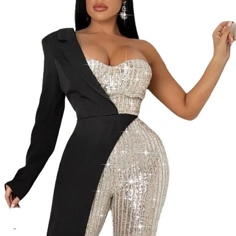 CM.YAYA Women One Long Sleeve Strapless Sequined Blazer Wide Leg Jumpsuits 2025 Evening Party One Piece Set Romper Playsuit.