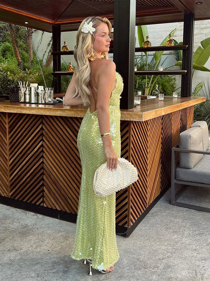 Pailletten rücken freie lange Kleider sexy Halfter Slim Fit Glitzer Abend roben Party Social ite schimmernde Frauen wickeln Hüft kleid Sommer.