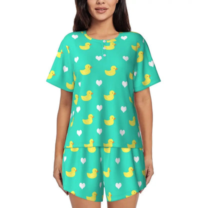 Benutzerdefinierte Frauen Gelb Klassische Gummi Ente Pyjamas Set Gedruckt Zwei-stück Pj Sets Kurzarm Nachtwäsche Loungewear