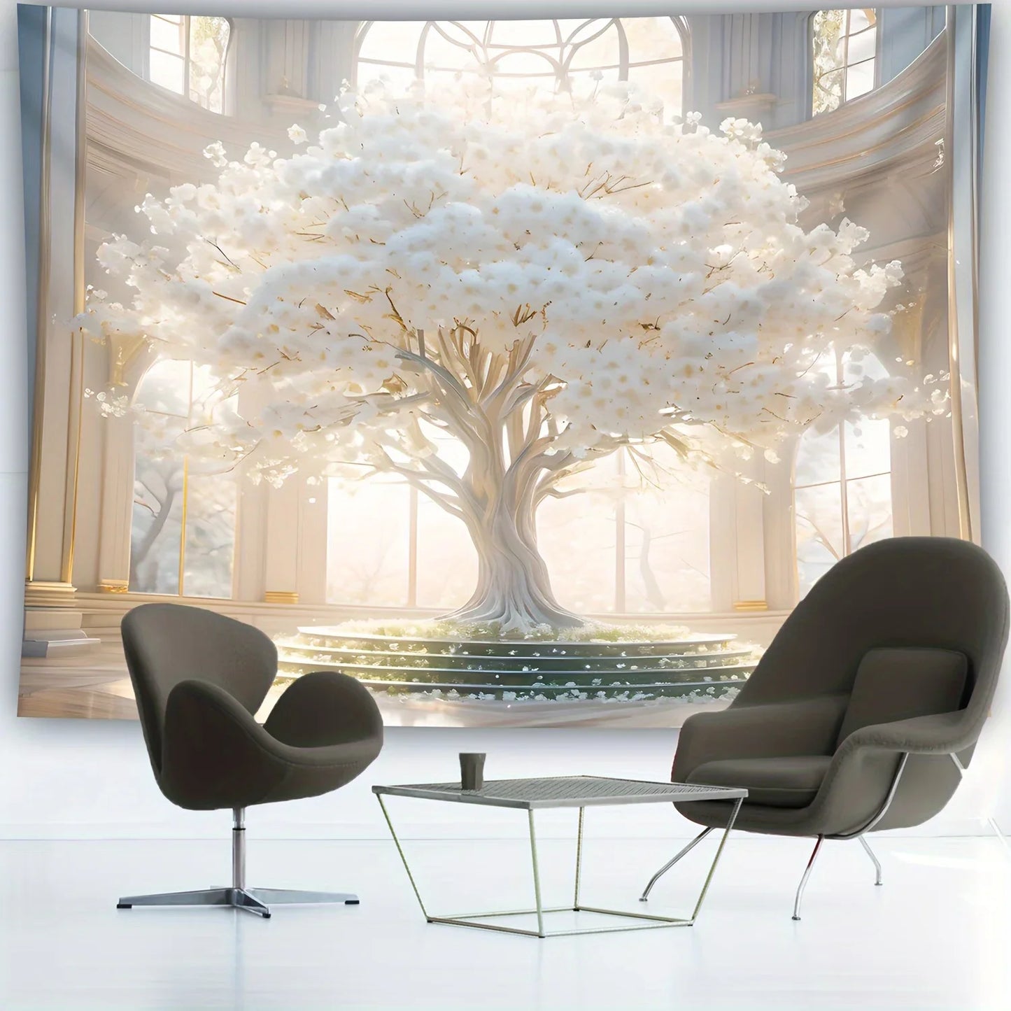 Large Romantic White Tree of Life Tapestry Anti Wrinkle and Fade Resistant Wall Hanging For Dormitory Elegant Home Decor.