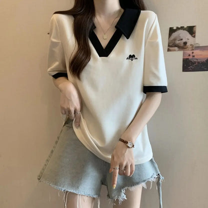 Plus Size Women's Casual Polo Neck Short Sleeve T-Shirt Slimming Belly Cover Summer Age Defying Shoulder Level Top