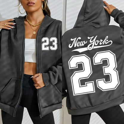 New York Number 23 Art Letter Printing Women Zipper Hoodie Fashion Hoodies Fleece Sportswears Autumn Casual Female Hoody.
