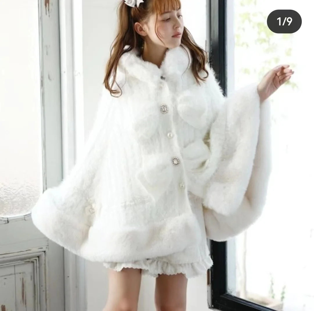 Japanische Liz Süße Prinzessin Faux Kaninchen Fell Cape Mantel Frauen Herbst Winter Pelz Jacke Lose Uhr Strass Bogen Mit Kapuze Mantel.