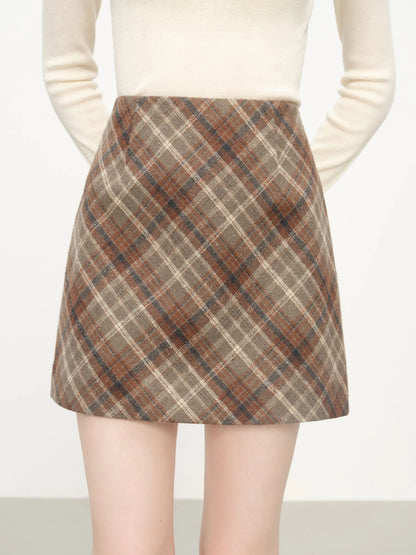 FSLE Autumn Party Skirt High Waist Retro Plaid Knit WoolShort Skirt For Women 2025 Fall Winter New Arrival Y2K Mini A-line Skirt.