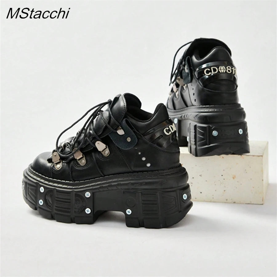 Punk Stil Frauen Schwarze Schuhe Rock Metall Dekor Lace-up Ferse Höhe Plattform Schuhe Gothic Mann Turnschuhe Frauen Stiefeletten 2025, Neue.