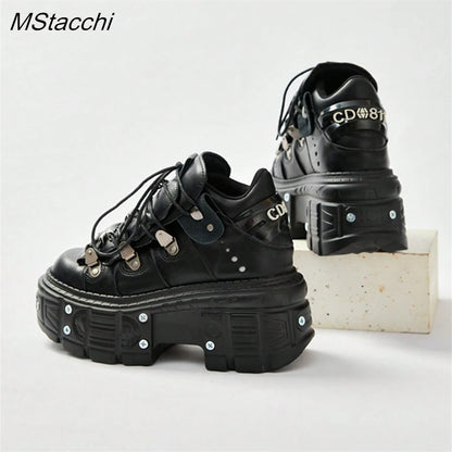 Punk Stil Frauen Schwarze Schuhe Rock Metall Dekor Lace-up Ferse Höhe Plattform Schuhe Gothic Mann Turnschuhe Frauen Stiefeletten 2025, Neue.