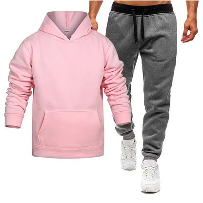 Men's Hooded Solid Color Pullover Set Two-Piece Sweater Sport Pants.