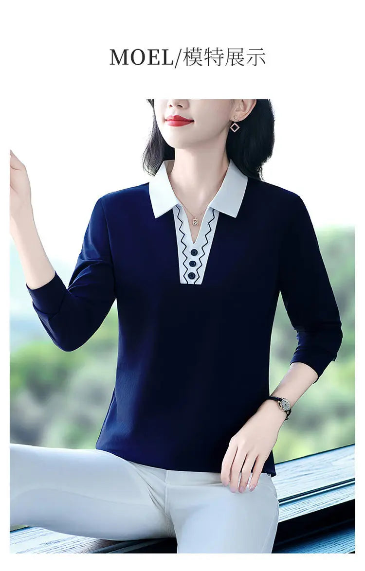 2025 Autumn New Women Clothes Office Lady Simplicity Patchwork Polo-Neck Top Tee Ladies Fashion Loose Buttons Long Sleeve Shirts.