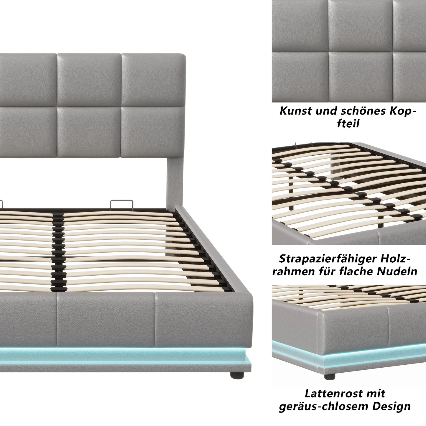 Anajqaqia Polsterbettgestell mit LED-Beleuchtung, 140 x 200 cm, mit hydraulischem Stauraum, Grau