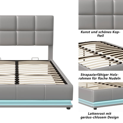 Anajqaqia Polsterbettgestell mit LED-Beleuchtung, 140 x 200 cm, mit hydraulischem Stauraum, Grau