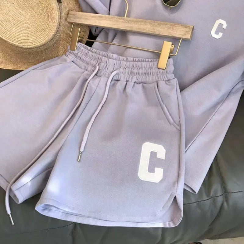 2-teiliges Set für Damen, Sommer, lockeres Kurzarm-T-Shirt, lässige Shorts, Sportdruck, Brief, Freizeitanzug, große Größe, kurzes Pyjama-Set