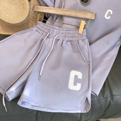 2-teiliges Set für Damen, Sommer, lockeres Kurzarm-T-Shirt, lässige Shorts, Sportdruck, Brief, Freizeitanzug, große Größe, kurzes Pyjama-Set