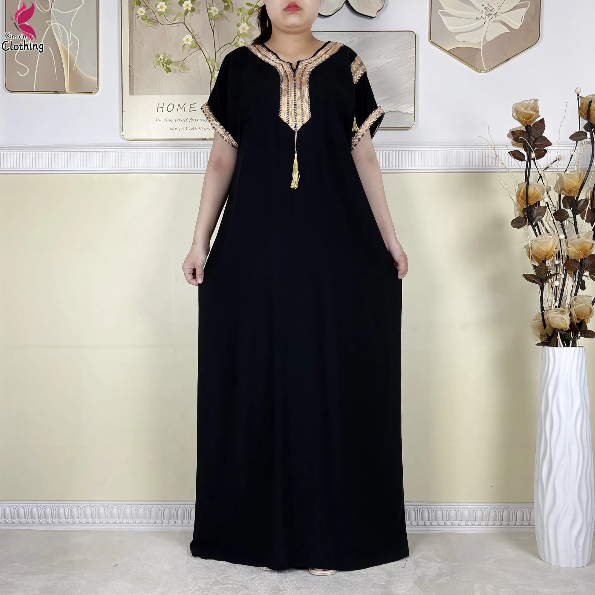 2025 Muslim Caftan Short Sleeve Dress Solid Cotton Summer Abaya African Traditional Dresses Islam for Women Casual Clothing.