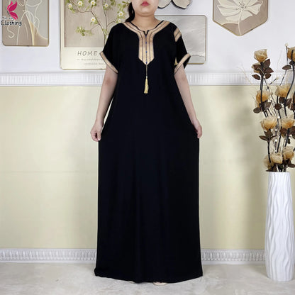 2025 Muslim Caftan Short Sleeve Dress Solid Cotton Summer Abaya African Traditional Dresses Islam for Women Casual Clothing.