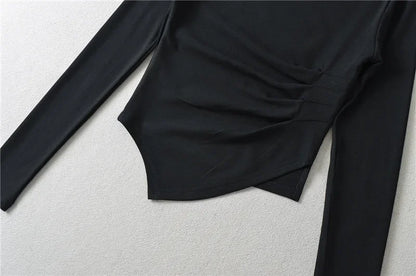 Slim Fit Long Sleeve T-Shirt Women's Shoulder Bared One-Shoulder Design Crease Asymmetrical Pure Desirable Spicy Girl Style