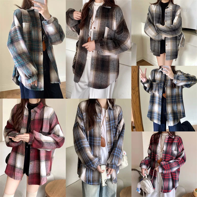 Zjaiss Women Thick Woolen Plaid Blouse Loose Long Sleeved Tops 2025 Autumn Winter New Casual Shirt Long Shirts.