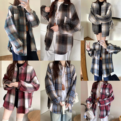 Zjaiss Women Thick Woolen Plaid Blouse Loose Long Sleeved Tops 2025 Autumn Winter New Casual Shirt Long Shirts.