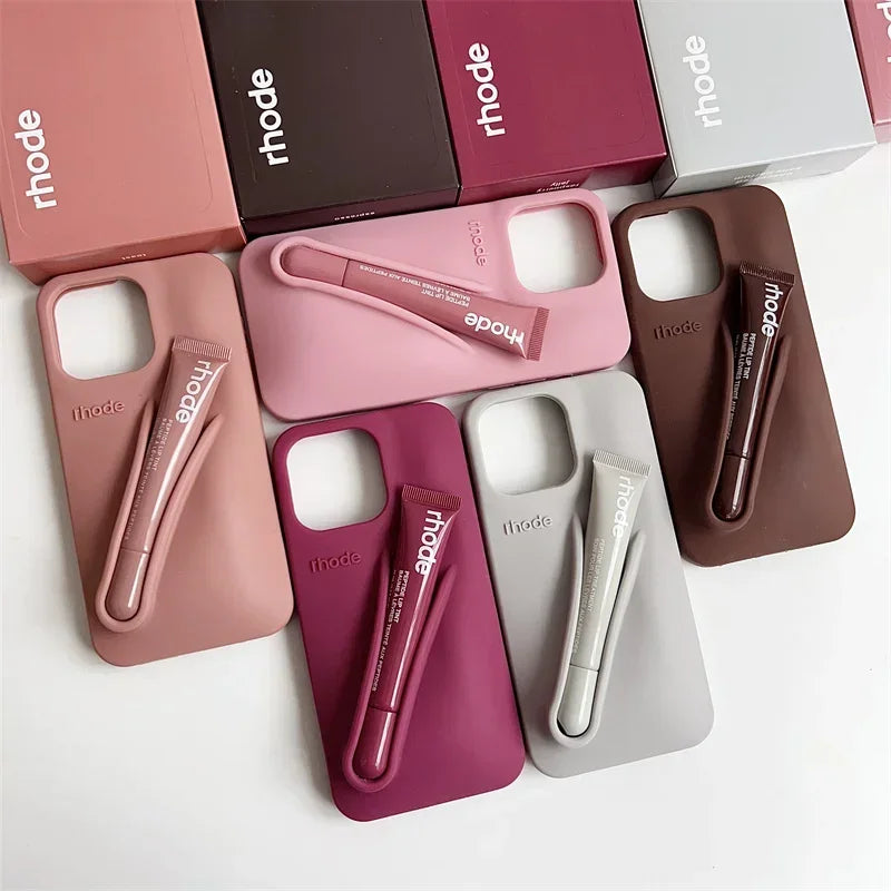 Phone Case for IPhone 15 16 14 13 12 11 Pro Max Plus 17 Air Lip Gloss Holder Silicone Shockproof Cover with Box and Lipstick.