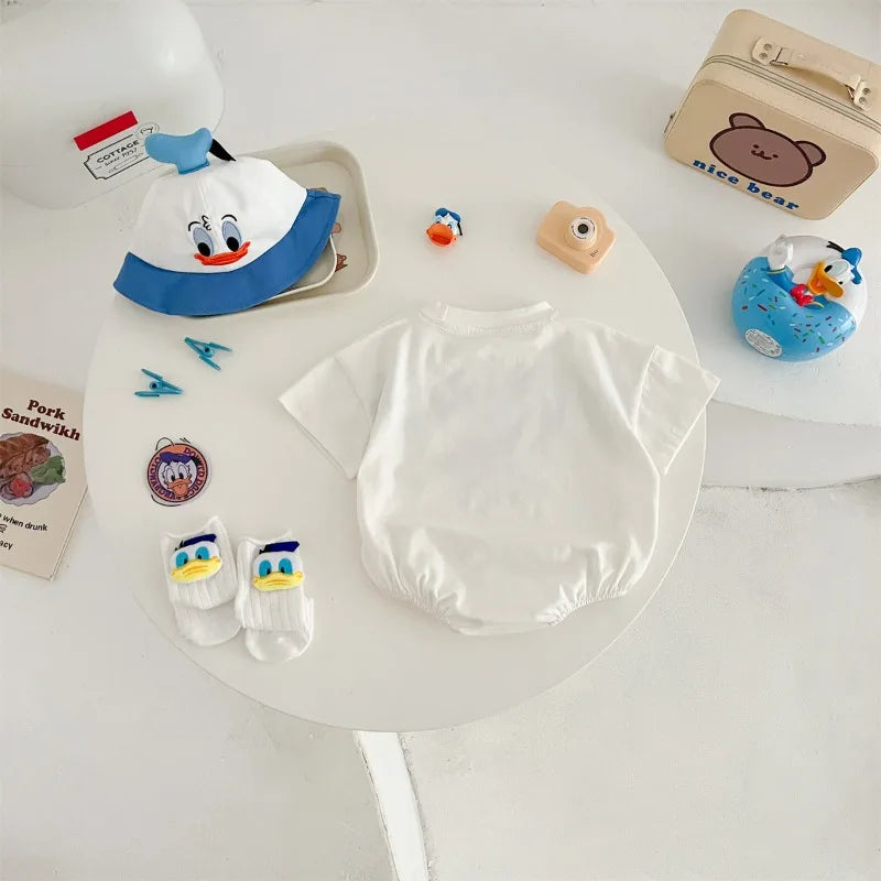 Disney Baby Mädchen Junge Overall Strampler Socke Hut Neugeborene Kleidung Set Baumwolle Cartoon Donald Duck Infant Kleinkind Body Outfit K618.