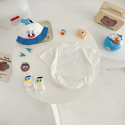 Disney Baby Mädchen Junge Overall Strampler Socke Hut Neugeborene Kleidung Set Baumwolle Cartoon Donald Duck Infant Kleinkind Body Outfit K618.