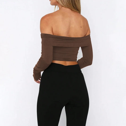 Hot-selling women's T-shirt with a unique and trendy style, a one-shoulder off-the-shoulder short, long-sleeved, solid-color top.