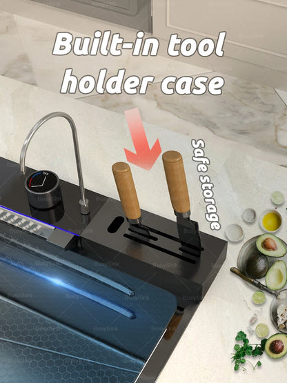 Stainless Steel Waterfall Kitchen Sink With Knife Holder Cup Wash Embossed Extra Large Single Sink Farmhouse Washbasin