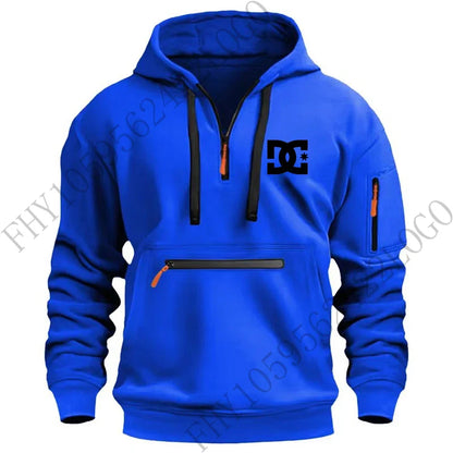 New men's hooded sportswear for autumn and winter 2025, long-sleeved multi-zipper pocket outdoor fishing casual pullover.