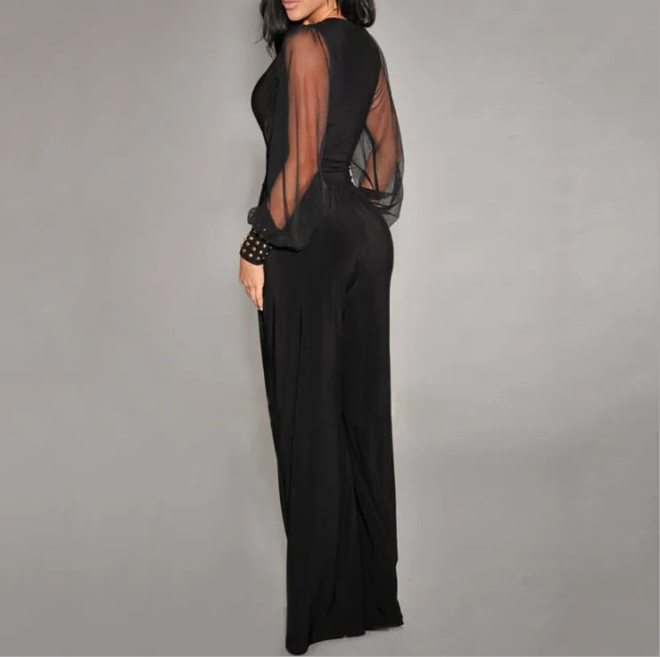 Autumn New Women's Jumpsuit Black V-neck Mesh Splicing Wide-leg Pant Female One-piece Jumpsuit Sexy Streetwear Clothes.