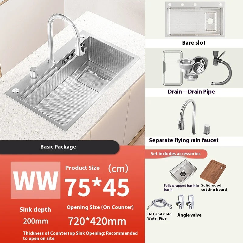 Silver 304 Stainless Steel Kitchen Sink Independent Waterfall Outlet Household Large Single Slot Wash Dish Bowl Undermount Basin