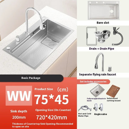 Silver 304 Stainless Steel Kitchen Sink Independent Waterfall Outlet Household Large Single Slot Wash Dish Bowl Undermount Basin