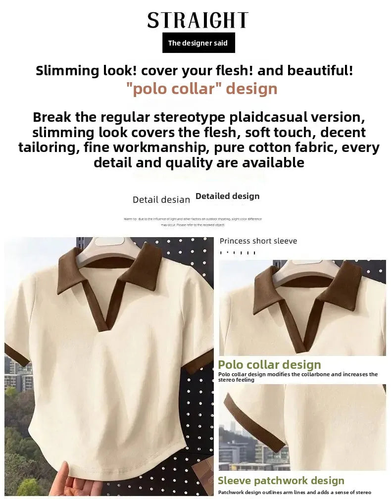 Color Block Polo Neck T-Shirt Women Short Sleeve Classic Lettering Slim Fit V-Neck Top Short Style Cotton Casual Summer New.