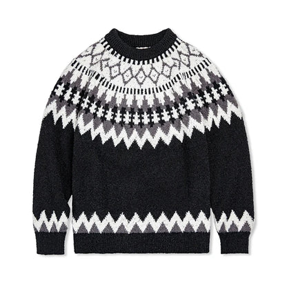 Maden Vintage Heavyweight Fair Isle Icelandic Sweater Round Neck Jacquard Bottom Knitwear Thickened Warm Pullovers for Christmas