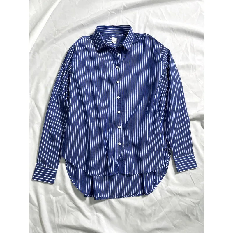 LUXURY Women's Vertical Striped Shirt, Short Front and Back, Short, Vertical Striped Shirt, Loose Long Sleeve, Commuter Style
