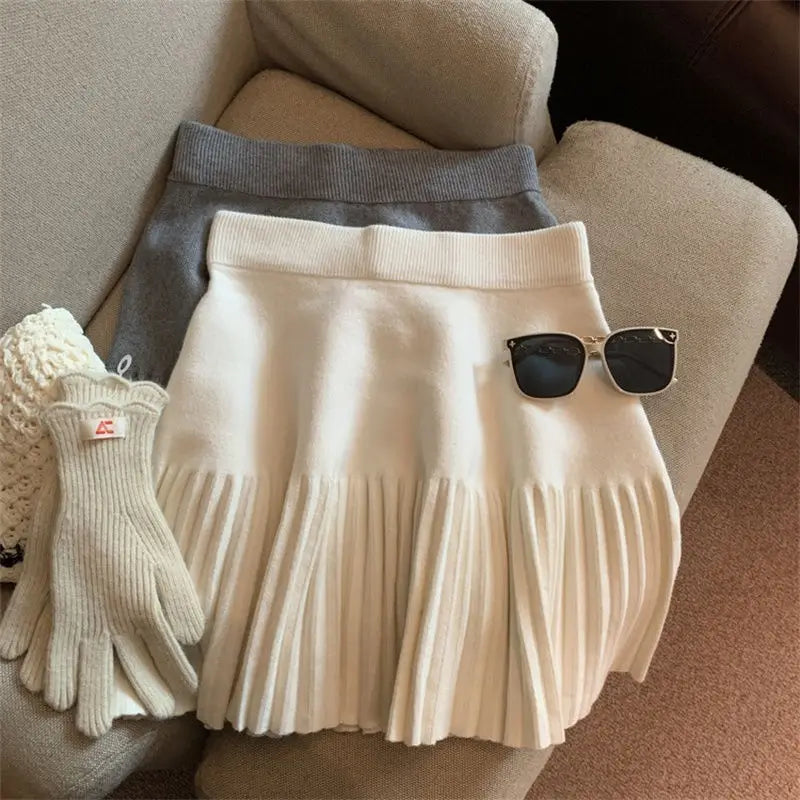 Pleated Mini Skirts Korean Sweet Knitted Skirts Sweet Elastic Waist Ladies Casual Youthful For Women's Clothes Solid Fashion New.