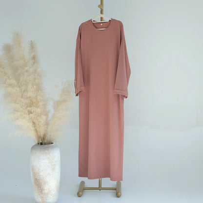 2024 New Modest Dress Solid Color Inner Dresses Muslim Women Dubai Abaya Eid Ramadan Islam Clothing Turkey Arabic Robe