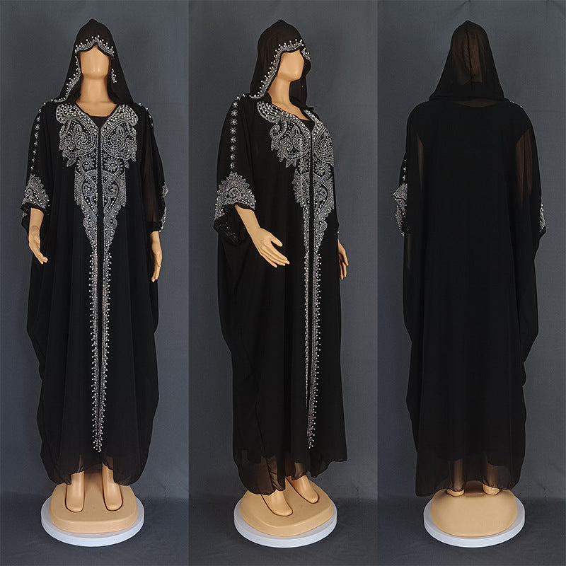 Eid Muslim Dress for Women Hooded Abaya 2 Piece Set Diamond Jalabiya Morocco Party Dresses Dubai Abayas Kaftan Vestido Long Robe.