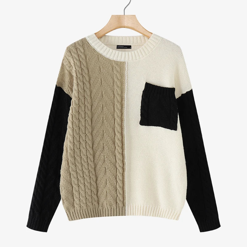 ZANZEA 2025 Autumn Patchwork Sweaters Women Pullovers Kintted Jumper Stylish Long Sleeve Winter Sweater O Neck Jumper Streetwear