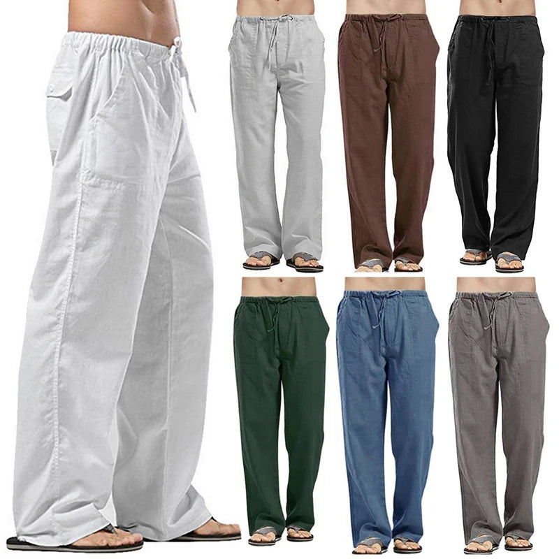 Men's Cotton Linen Pants Loose Cool Casual Long Pants Elastic Waist Long Pant Casual Large Size Streetwear Lightweight Trousers.