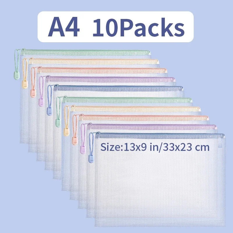 Zipper Mesh Bags A4/A5 Plastic Zipper Bags For Organizing Waterproof Clear Travel Bags Office Supplies Document，color random.