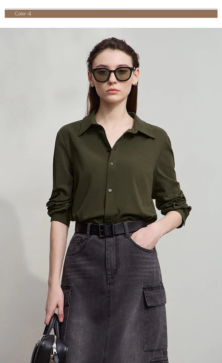 AMII Office Lady Shirt 2025 Autumn New Minimalism thick Long Sleeves Blouse Elastic Cotton Lapel Women's Clothing 12553079