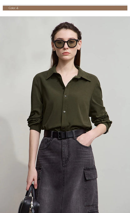 AMII Office Lady Shirt 2025 Autumn New Minimalism thick Long Sleeves Blouse Elastic Cotton Lapel Women's Clothing 12553079