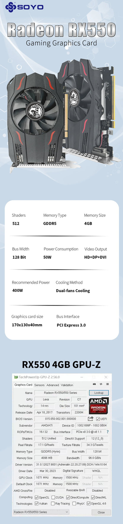 SOYO Graphics Cards Radeon RX580 8G & RX550 4G Video Gaming Card PCIE3.0x16 GPU Desktop Computer Components AMD RX 580 8G.
