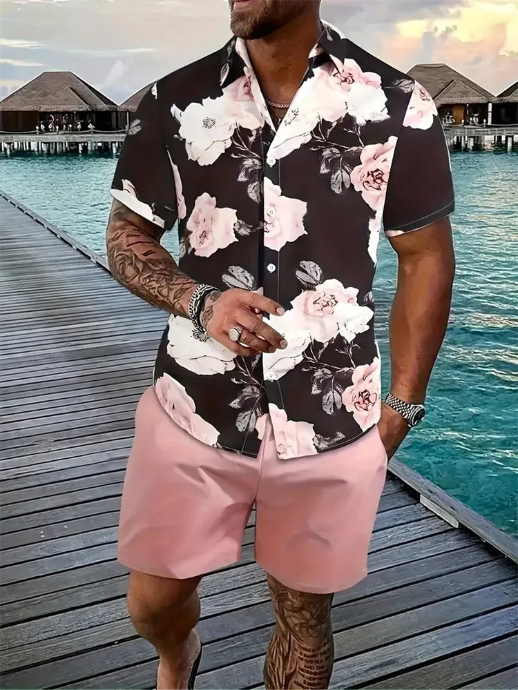 Men's Hawaii Shirt Set Men's 3D Printed Short Sleeve Shirt Shorts Two Piece Summer Beach Lapel Shirt Set Unisex Casual Clothing.