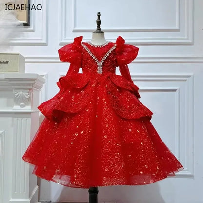 2025, Kinderkleid, Performance-Outfit, Mädchen, Blumenmädchen, Geburtstag, Prinzessinnenkleider, glitzernde Pailletten, bauschiges Kleid, rote Partykleidung für Kinder.