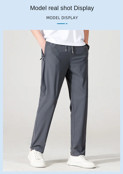 Ice Silk Men's trousers 2024 summer black-and-gray thin style business casual pants outdoor stretch breathable straight leg loos.